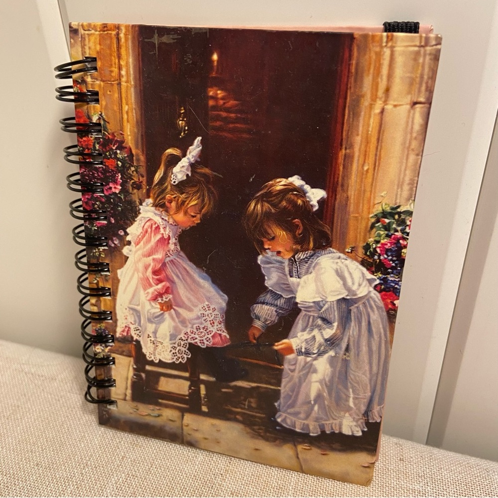 Vintage Sandra Kuck art print A Sister’s Touch small spiral notebook purse size